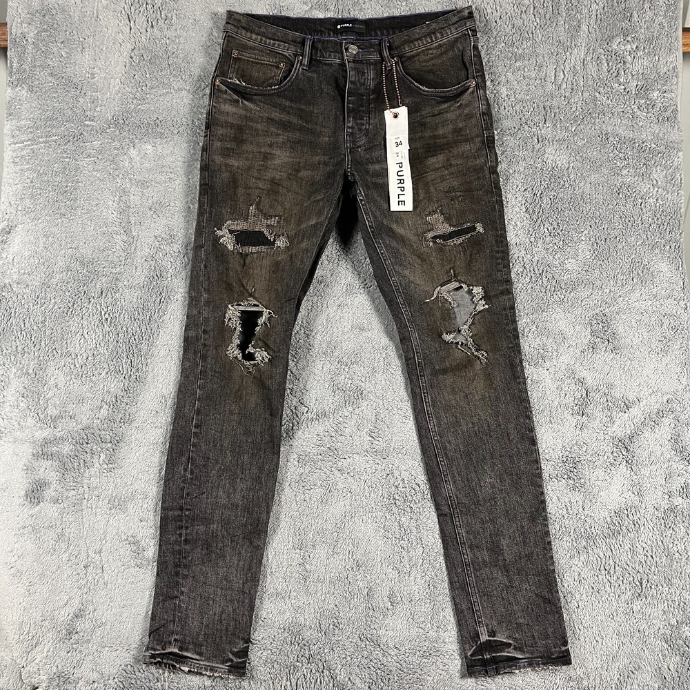 Purple Brand P001 Black Big Knee Blowout Jeans 34 NWT Low Rise Skinny